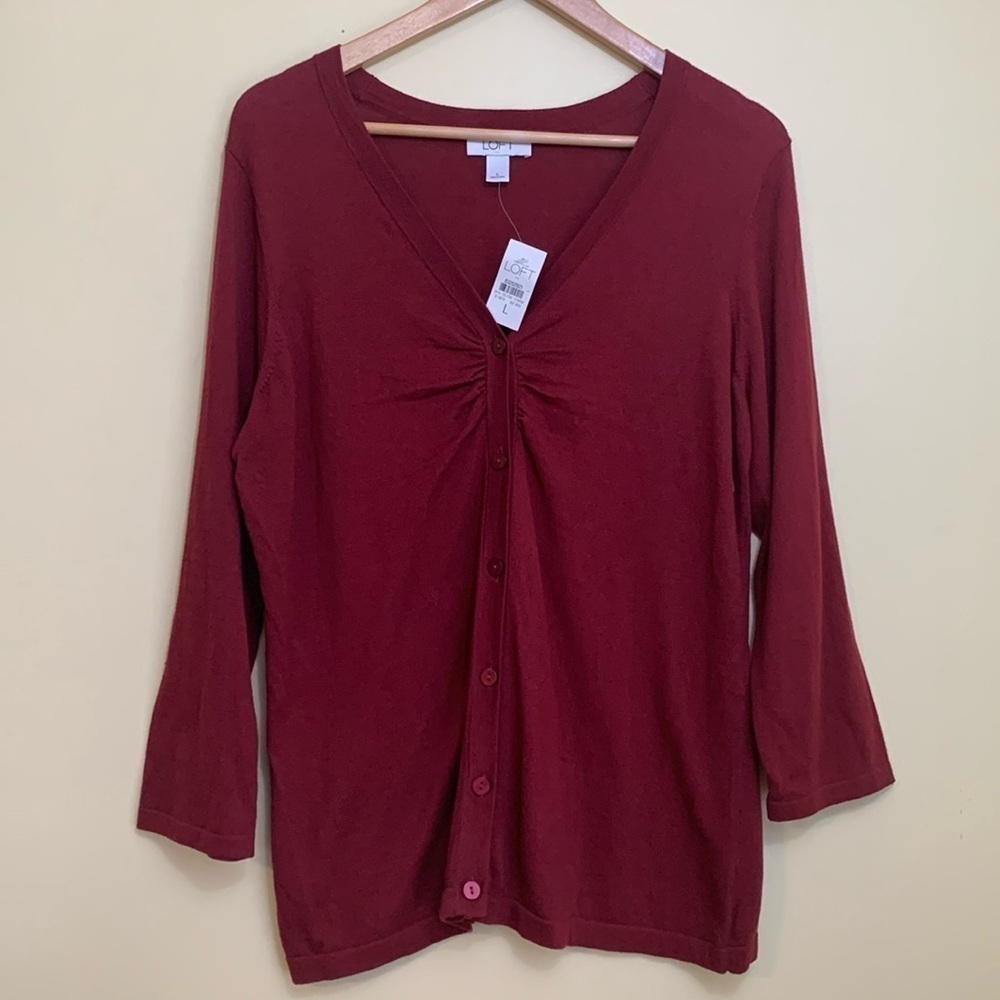 Loft | NWT Ruched V Neck Button Lightweight Knit Long Sleeve Cardigan Sweater L